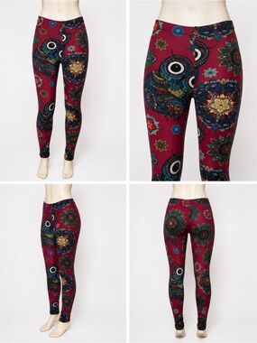 Womens Burgundy Boho Floral & Owl Print Leggings